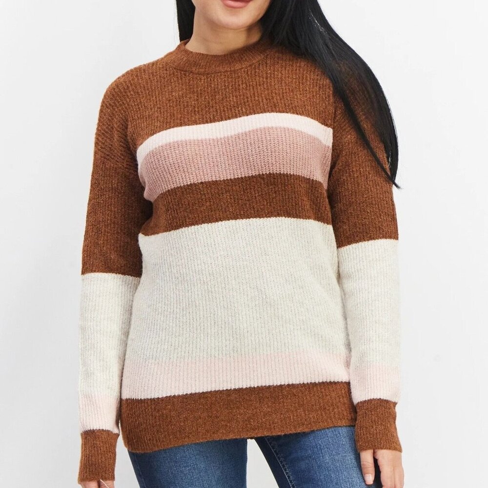 Market & Spruce Textured Sweater Brown Pink Stripes Combo Crewneck WGS10758